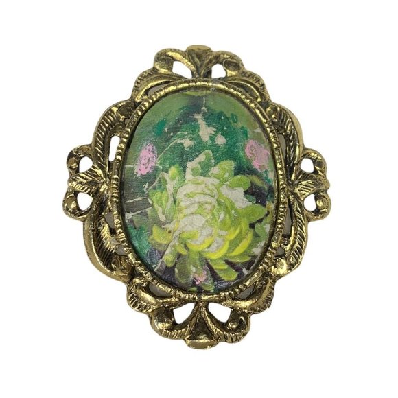 Vintage Goldtone Eggshell Brooch Pendant Rose Overaly 2.5" - Picture 3 of 8